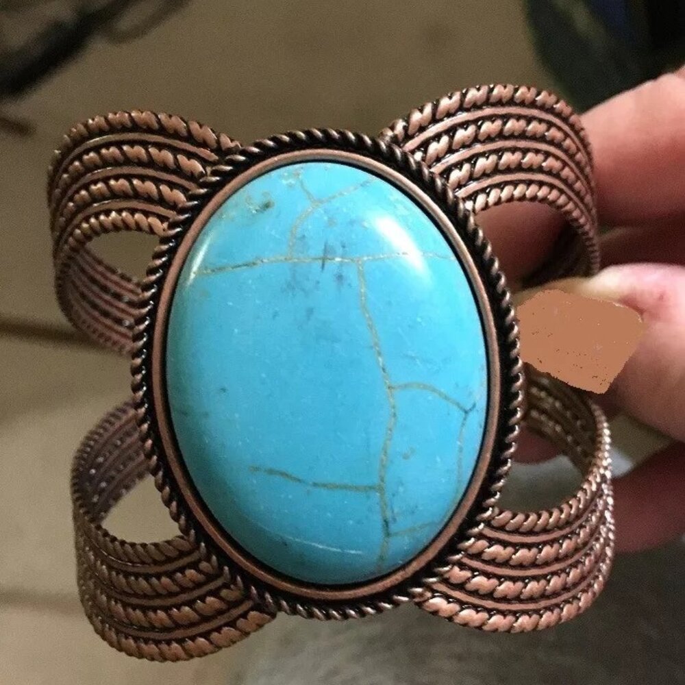 Copper Colored Metal Cuff Bracelet with Turquoise Colored Stone